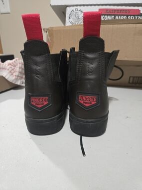 Pingree Detroit Black Leather High-Top Boots with Red Pull Tabs